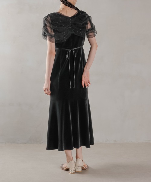 チュール ビジュー ドット ドッキング ベロア マーメイド ワンピース