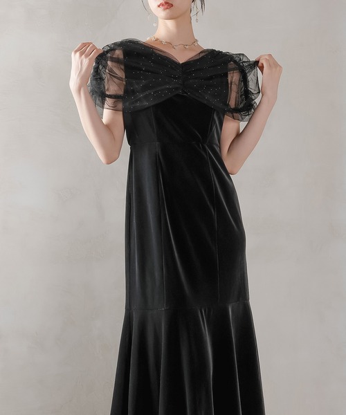 チュール ビジュー ドット ドッキング ベロア マーメイド ワンピース