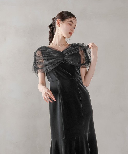 チュール ビジュー ドット ドッキング ベロア マーメイド ワンピース