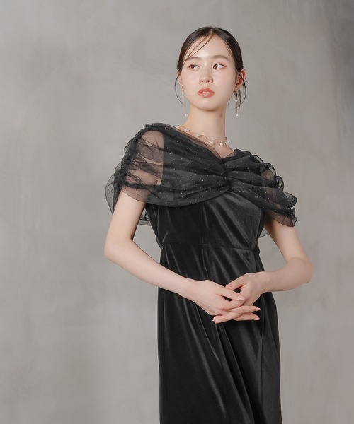 Kana（カナ）の「チュール ビジュー ドット ドッキング ベロア マーメイド ワンピース ドレス パーティー 結婚式 お呼ばれ オケージョン（ドレス・レディース・ブラック/チャコールグレー・M）」の5枚目の写真