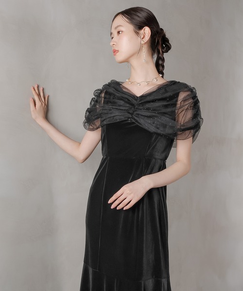 チュール ビジュー ドット ドッキング ベロア マーメイド ワンピース