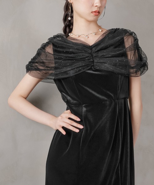 Kana（カナ）の「チュール ビジュー ドット ドッキング ベロア マーメイド ワンピース ドレス パーティー 結婚式 お呼ばれ オケージョン（ドレス・レディース・ブラック/チャコールグレー・M）」の11枚目の写真