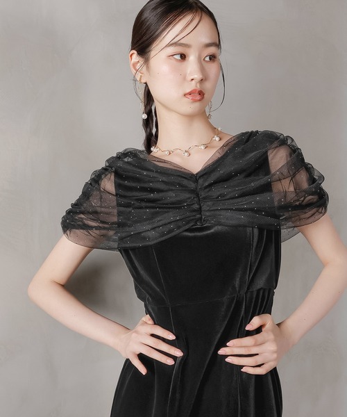 Kana（カナ）の「チュール ビジュー ドット ドッキング ベロア マーメイド ワンピース ドレス パーティー 結婚式 お呼ばれ オケージョン（ドレス・レディース・ブラック/チャコールグレー・M）」の10枚目の写真