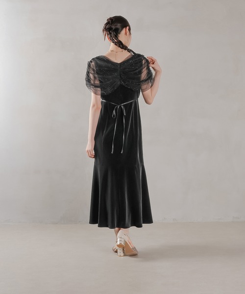 チュール ビジュー ドット ドッキング ベロア マーメイド ワンピース