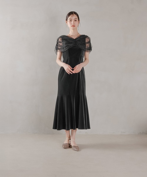 チュール ビジュー ドット ドッキング ベロア マーメイド ワンピース