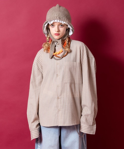 a.p.o.v.(エーピーオービー)の「a.p.o.v. クロップド丈シアサッカーストライプシャツ(シャツ/ブラウス・メンズ・ブラウン/アイボリー/ライトブルー・ONESIZE)」の2枚目の写真