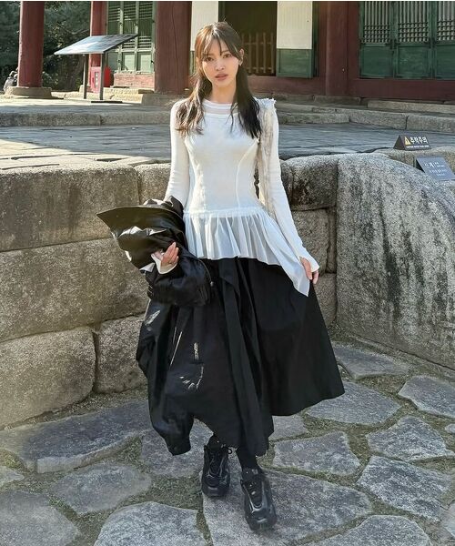 FLAREUP（フレアアップ）の「Layered Lace Frill Long Sleeve (FL-137_Gray)（Tシャツ/カットソー・レディース・グレー/ブラック/クリーム・OS）」の5枚目の写真