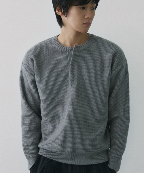 Waffle henley neck knit [grey]