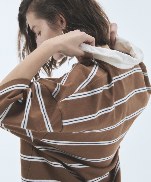 NOHANT(ノアン)の「WIRE STRIPE RUGBY SHORT SLEEVE T-SHIRT BROWN(ポロシャツ・メンズ・ブラウン・SMALL/MEDIUM/LARGE)」の4枚目の写真