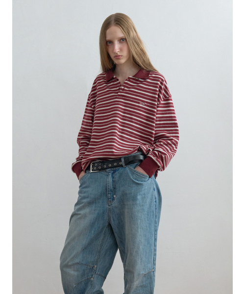 Kijun（キジュン）の「Striped Polo Shirt Burgundy（ポロシャツ・レディース・その他・SMALL/MEDIUM/LARGE）」の5枚目の写真
