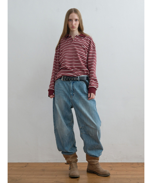 Kijun（キジュン）の「Striped Polo Shirt Burgundy（ポロシャツ・レディース・その他・SMALL/MEDIUM/LARGE）」の2枚目の写真