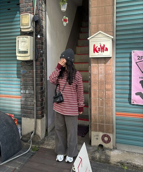 Kijun（キジュン）の「Striped Polo Shirt Burgundy（ポロシャツ・レディース・その他・SMALL/MEDIUM/LARGE）」の4枚目の写真