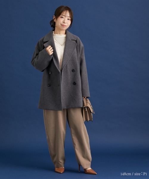 Petitjo（プッチージョ）の「小さいサイズ　【Petimo企画】Pコート　低身長さん・小柄女性（ダッフルコート・レディース・チャコール/スモークピンク・01）」の10枚目の写真