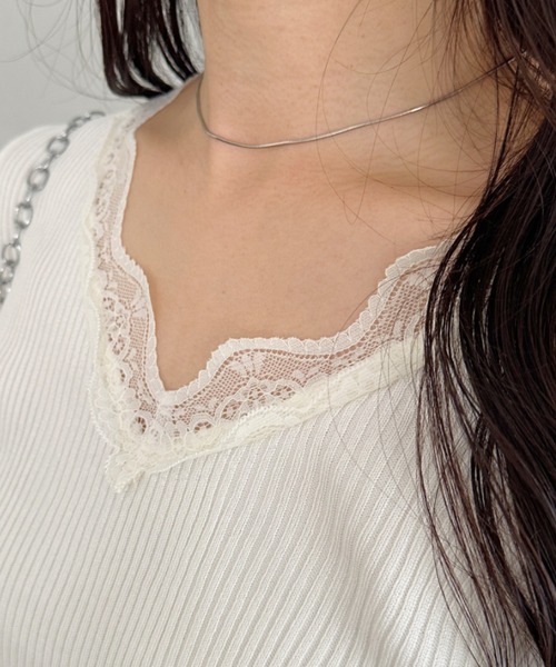 CLEA（クレア）の「Vネックレースリブメロウトップス（Tシャツ/カットソー・レディース・ブラック/グレー/ホワイト・FREE）」の7枚目の写真
