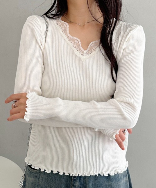 CLEA（クレア）の「Vネックレースリブメロウトップス（Tシャツ/カットソー・レディース・ブラック/グレー/ホワイト・FREE）」の5枚目の写真