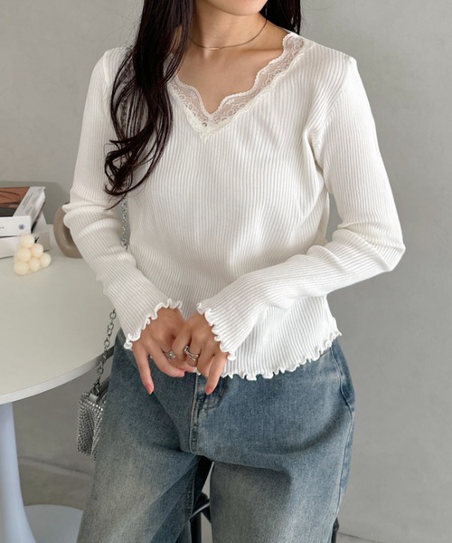 CLEA（クレア）の「Vネックレースリブメロウトップス（Tシャツ/カットソー・レディース・ブラック/グレー/ホワイト・FREE）」の6枚目の写真