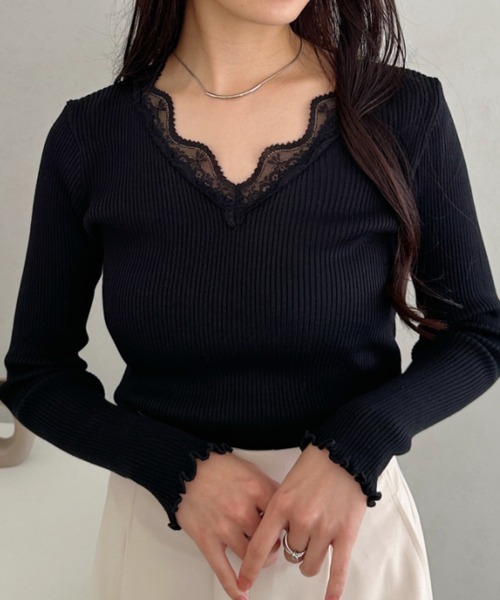 CLEA（クレア）の「Vネックレースリブメロウトップス（Tシャツ/カットソー・レディース・ブラック/グレー/ホワイト・FREE）」の11枚目の写真