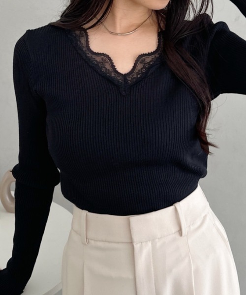 CLEA（クレア）の「Vネックレースリブメロウトップス（Tシャツ/カットソー・レディース・ブラック/グレー/ホワイト・FREE）」の13枚目の写真