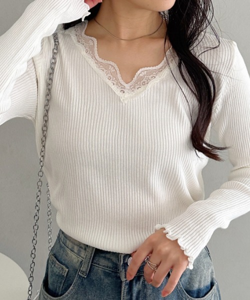 CLEA（クレア）の「Vネックレースリブメロウトップス（Tシャツ/カットソー・レディース・ブラック/グレー/ホワイト・FREE）」の9枚目の写真