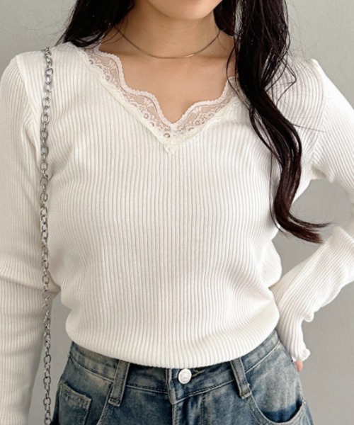 CLEA（クレア）の「Vネックレースリブメロウトップス（Tシャツ/カットソー・レディース・ブラック/グレー/ホワイト・FREE）」の10枚目の写真