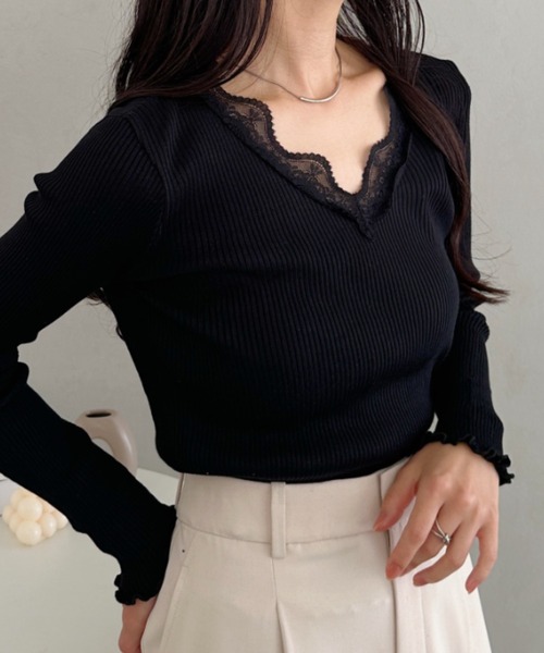 CLEA（クレア）の「Vネックレースリブメロウトップス（Tシャツ/カットソー・レディース・ブラック/グレー/ホワイト・FREE）」の12枚目の写真