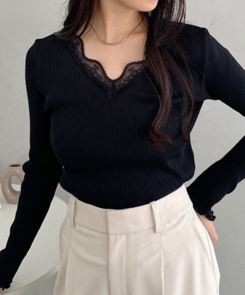 CLEA（クレア）の「Vネックレースリブメロウトップス（Tシャツ/カットソー・レディース・ブラック/グレー/ホワイト・FREE）」の14枚目の写真