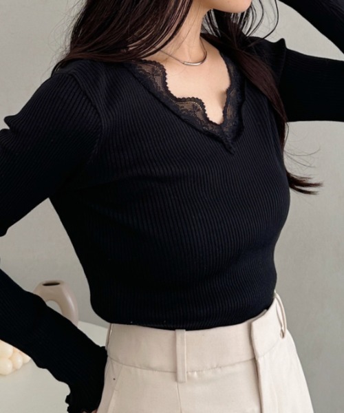 CLEA（クレア）の「Vネックレースリブメロウトップス（Tシャツ/カットソー・レディース・ブラック/グレー/ホワイト・FREE）」の15枚目の写真