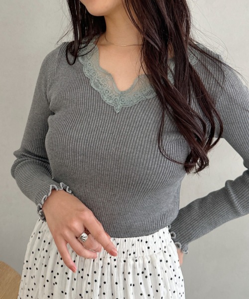 CLEA（クレア）の「Vネックレースリブメロウトップス（Tシャツ/カットソー・レディース・ブラック/グレー/ホワイト・FREE）」の20枚目の写真