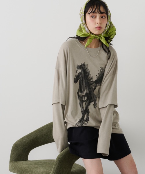 Unitage（ユニテージ）の「ホースプリントレイヤード風ロンTEE（Tシャツ/カットソー・レディース・カーキ/アイボリー・FREE）」の14枚目の写真