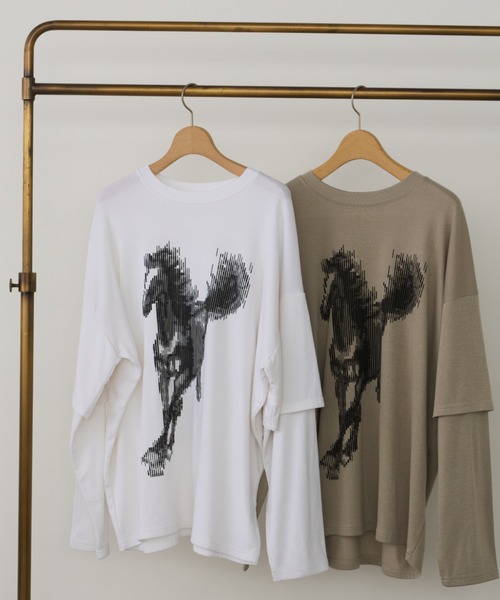 Unitage（ユニテージ）の「ホースプリントレイヤード風ロンTEE（Tシャツ/カットソー・レディース・カーキ/アイボリー・FREE）」の16枚目の写真
