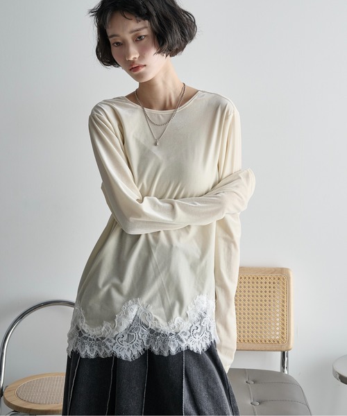 THE YOn(ザヨン)の「2WAYレースヘムベロアロンT(Tシャツ/カットソー・レディース・オフホワイト/イエロー/モカ・FREE)」の3枚目の写真