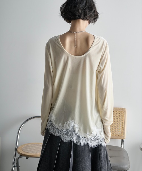 THE YOn(ザヨン)の「2WAYレースヘムベロアロンT(Tシャツ/カットソー・レディース・オフホワイト/イエロー/モカ・FREE)」の7枚目の写真