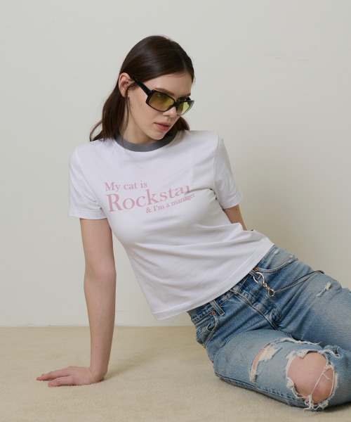 JOEGUSH(ジョーガッシュ)の「My cat is Rockstar T-shirt (Crop Ver.) (White/Grey)(Tシャツ/カットソー・レディース・その他・ONE SIZE)」の1枚目の写真