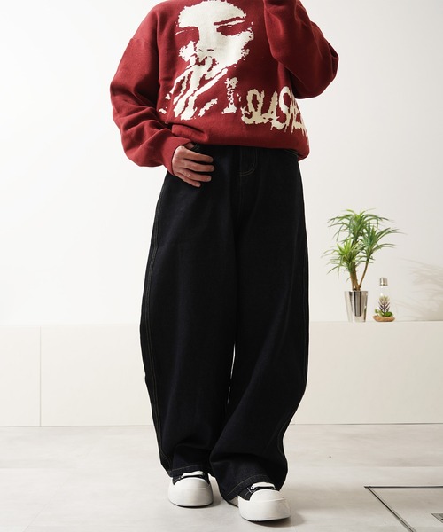 1111clothing（ワンフォークロージング）の「デニム ワイド カーブパンツ / Denim Wide Curve Pants（デニムパンツ・メンズ・ブラック/インディゴブルー・M/S/XL/L）」の11枚目の写真