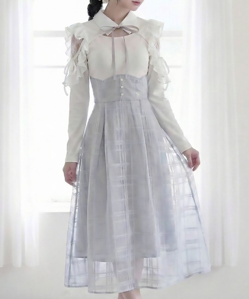 DearMyLoveRose（ディアマイラブローズ）の「デコルテオープンシアーチェックスカートドッキングワンピース【大きいサイズあり】（ワンピース・レディース・ブラック/ブルーグレー・L～LL/M-L/LL～3L）」の2枚目の写真