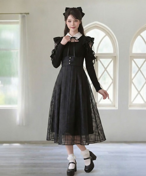 DearMyLoveRose（ディアマイラブローズ）の「デコルテオープンシアーチェックスカートドッキングワンピース【大きいサイズあり】（ワンピース・レディース・ブラック/ブルーグレー・L～LL/M-L/LL～3L）」の3枚目の写真