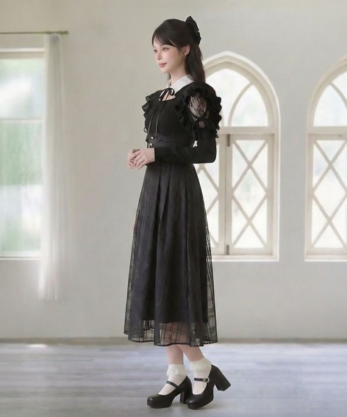 DearMyLoveRose（ディアマイラブローズ）の「デコルテオープンシアーチェックスカートドッキングワンピース【大きいサイズあり】（ワンピース・レディース・ブラック/ブルーグレー・L～LL/M-L/LL～3L）」の4枚目の写真