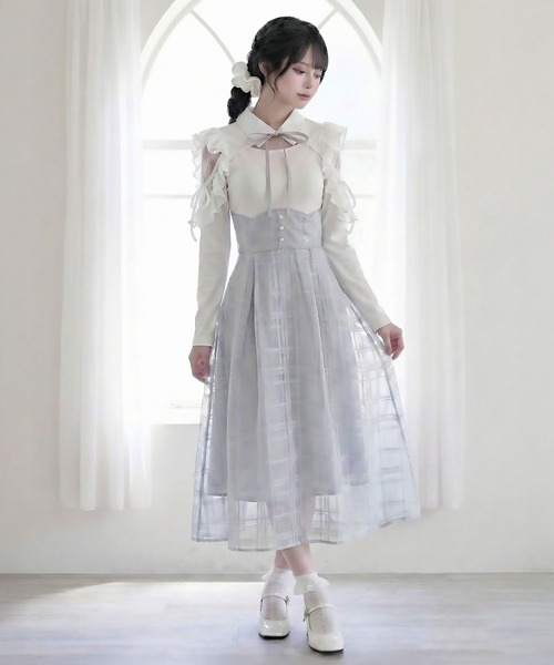 DearMyLoveRose（ディアマイラブローズ）の「デコルテオープンシアーチェックスカートドッキングワンピース【大きいサイズあり】（ワンピース・レディース・ブラック/ブルーグレー・L～LL/M-L/LL～3L）」の6枚目の写真