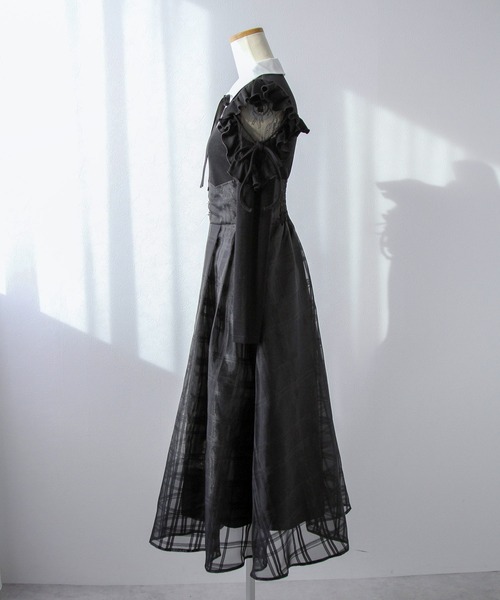 DearMyLoveRose（ディアマイラブローズ）の「デコルテオープンシアーチェックスカートドッキングワンピース【大きいサイズあり】（ワンピース・レディース・ブラック/ブルーグレー・L～LL/M-L/LL～3L）」の11枚目の写真