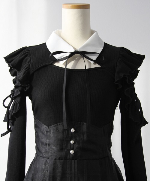 DearMyLoveRose（ディアマイラブローズ）の「デコルテオープンシアーチェックスカートドッキングワンピース【大きいサイズあり】（ワンピース・レディース・ブラック/ブルーグレー・L～LL/M-L/LL～3L）」の12枚目の写真