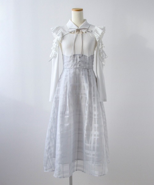 DearMyLoveRose（ディアマイラブローズ）の「デコルテオープンシアーチェックスカートドッキングワンピース【大きいサイズあり】（ワンピース・レディース・ブラック/ブルーグレー・L～LL/M-L/LL～3L）」の22枚目の写真