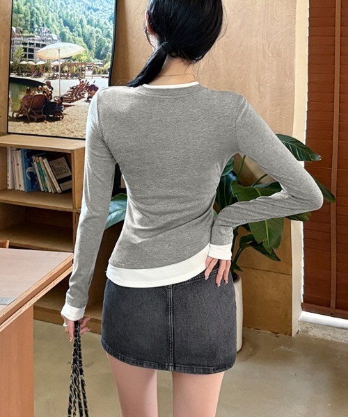 Miniministore(ミニミニストア)の「長袖Tシャツ ドッキング 無地カットソー(Tシャツ/カットソー・レディース・グレー/ブラック・M/XL/L)」の4枚目の写真