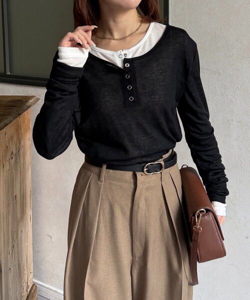 Thevon(ゼボン)の「シアーリブヘンリーネックプルオーバー(Tシャツ/カットソー・レディース・ブラック/カーキ/サックスブルー/オフホワイト/グレー/ピンク/レッド・FREE)」の21枚目の写真