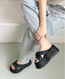 【完売カラー再入荷】+6.0㎝ 軽量 厚底 クロスリボン ドット柄 サンダル 845