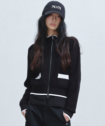 JAQUARD ZIP UP KNIT CARDIGAN_BLACK