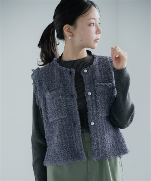Petitjo(プッチージョ)の「小さいサイズ ツイードベスト 低身長さん・小柄女性(ベスト・レディース・アイボリー/グレー・PS/PM)」の4枚目の写真