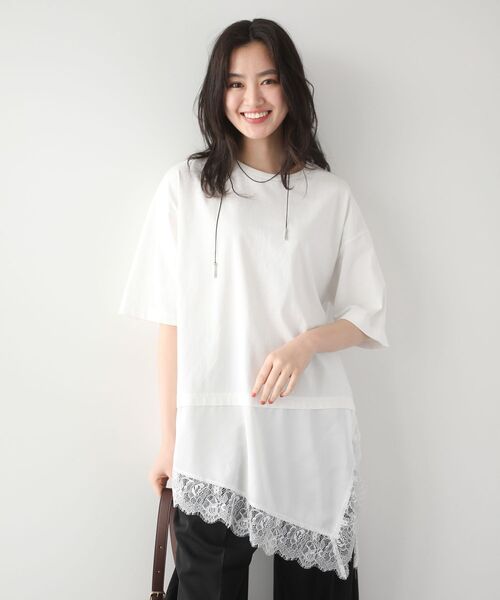 Green Parks(グリーンパークス)の「レースドッキングTシャツ(Tシャツ/カットソー・レディース・ブラック/チャコールグレー/オフホワイト・FREE)」の5枚目の写真