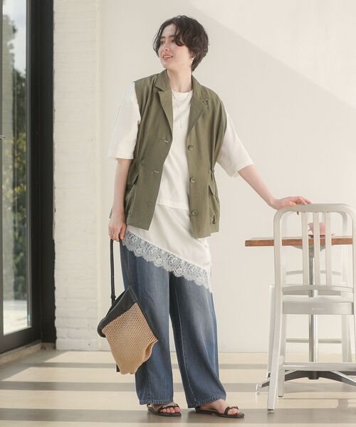 Green Parks(グリーンパークス)の「レースドッキングTシャツ(Tシャツ/カットソー・レディース・ブラック/チャコールグレー/オフホワイト・FREE)」の7枚目の写真