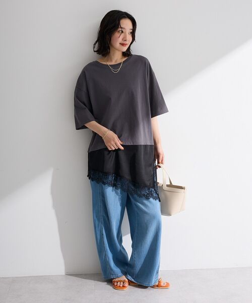 Green Parks(グリーンパークス)の「レースドッキングTシャツ(Tシャツ/カットソー・レディース・ブラック/チャコールグレー/オフホワイト・FREE)」の9枚目の写真