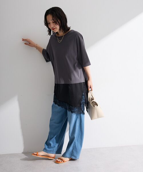 Green Parks(グリーンパークス)の「レースドッキングTシャツ(Tシャツ/カットソー・レディース・ブラック/チャコールグレー/オフホワイト・FREE)」の10枚目の写真
